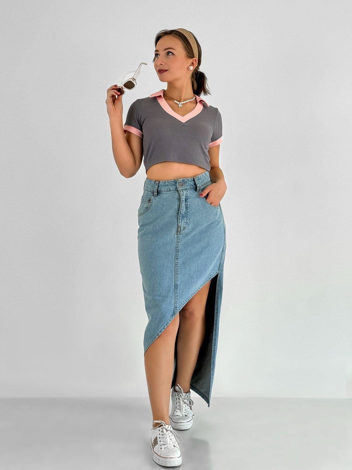 Slant Slit Denim Cargo Skirt