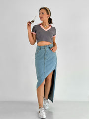 Slant Slit Denim Cargo Skirt