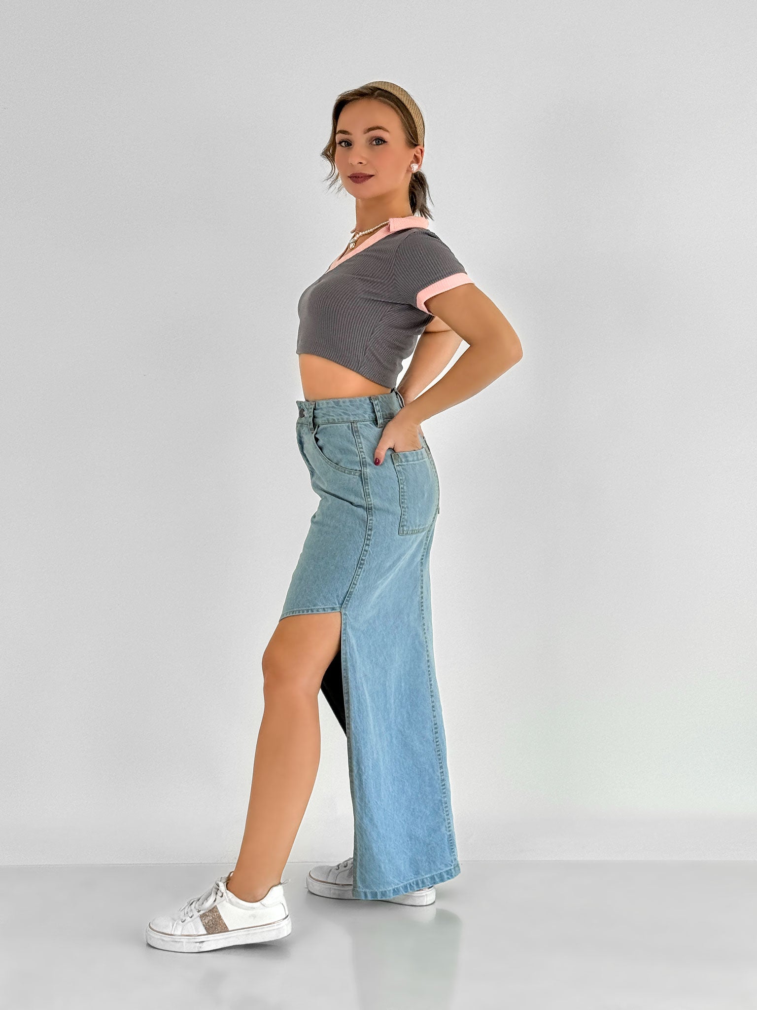 Slant Slit Denim Cargo Skirt