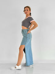 Slant Slit Denim Cargo Skirt